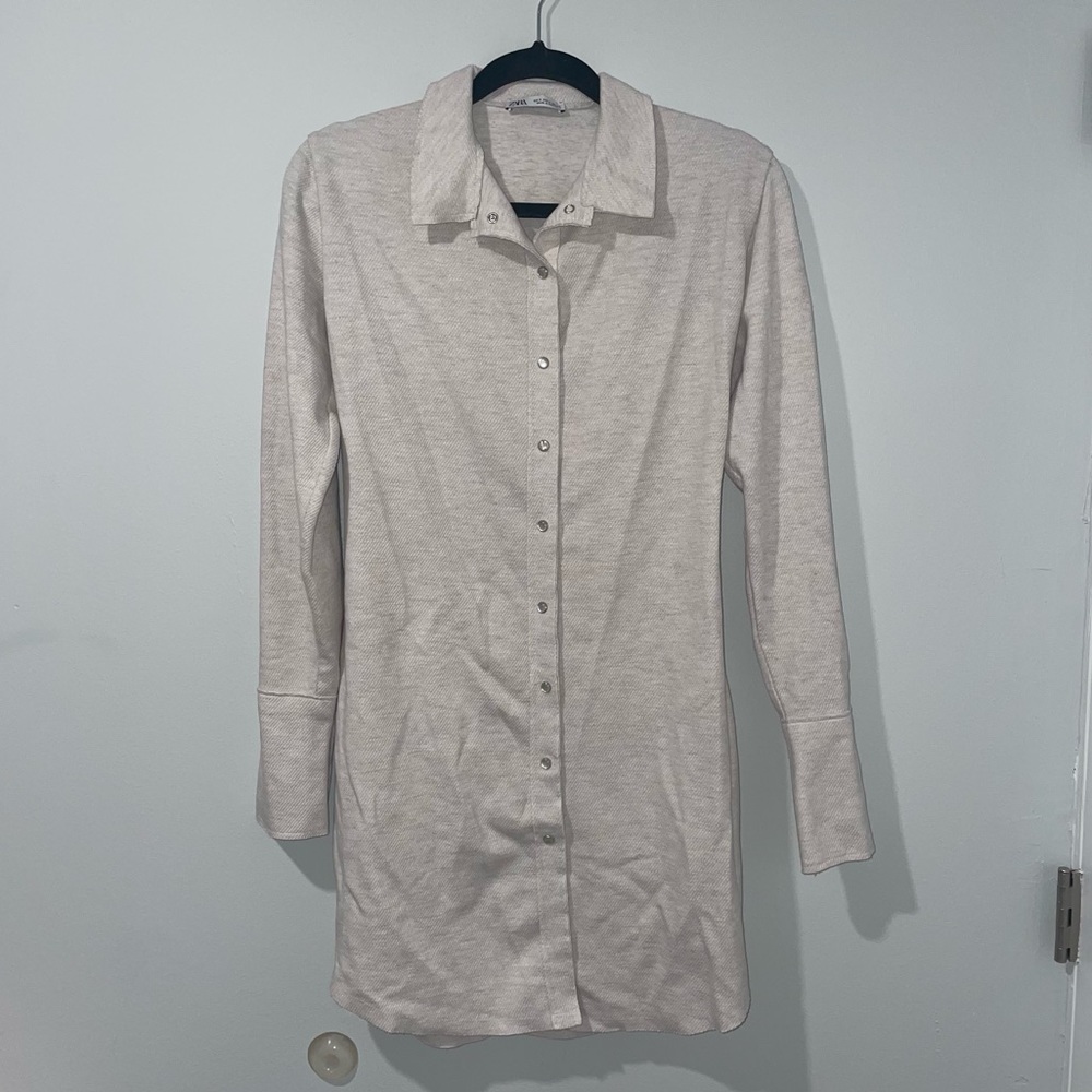 Zara Button Down Long Sleeve Dress - Cream / Beige